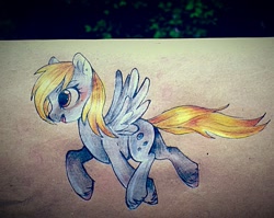 Size: 1337x1062 | Tagged: safe, artist:oksssid, derpy hooves, pegasus, pony, smiling, solo, traditional art, trotting, unshorn fetlocks