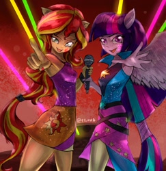 Size: 2039x2100 | Tagged: safe, artist:oberon826, sunset shimmer, twilight sparkle, twilight sparkle (alicorn), alicorn, equestria girls, rainbow rocks, armpits, clothes, duo, looking at you, microphone, nail polish, ponied up, skirt, sleeveless, smiling, smirk, welcome to the show