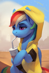 Size: 745x1100 | Tagged: safe, artist:rodrigues404, derpibooru import, rainbow dash, pegasus, pony, beverage, clothes, cup, drink, drinking, drinking straw, female, lidded eyes, mare, poncho, sitting, solo, straw