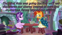 Size: 640x360 | Tagged: safe, edit, edited screencap, screencap, starlight glimmer, sunburst, pony, unicorn, the crystalling, awkward moment, caption, cards against humanity, duo, image macro, implied shipping, implied starburst, implied straight, library, teapot, text