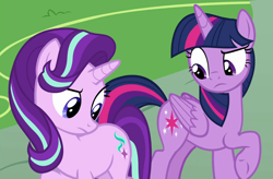 Size: 1070x700 | Tagged: safe, screencap, starlight glimmer, twilight sparkle, twilight sparkle (alicorn), alicorn, pony, unicorn, triple threat, cropped, cutie mark, duo, female, look at my ass, mare, raised hoof