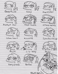 Size: 2485x3183 | Tagged: safe, artist:potatobug, amethyst star, berry punch, berryshine, bon bon, cloud kicker, daisy, derpy hooves, dj pon-3, flower wishes, lemon hearts, lily, lily valley, lyra heartstrings, minuette, octavia melody, roseluck, sparkler, sweetie drops, vinyl scratch, whoa nelly, wild fire, earth pony, pegasus, pony, bon bon is not amused, crying, derp, drunk, faic, female, flower trio, headphones, irrational exuberance, lined paper, looking at each other, looking at you, mare, monochrome, nightmare fuel, sibsy, smiling, special eyes, traditional art, unamused
