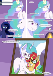 Size: 2020x2853 | Tagged: safe, artist:jase1505, princess celestia, princess luna, sunset shimmer, alicorn, pony, unicorn, comic:night at the gala, series:sunlight horizons, adorkable, braces, comic, cup, cute, dork, epilogue, eyes closed, female, fireplace, glasses, happy, high res, hug, looking at you, magic, mare, momlestia, one eye closed, open mouth, photo, photo frame, shimmerbetes, sitting, teacup, telekinesis, younger