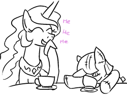 Size: 894x690 | Tagged: safe, artist:jargon scott, princess celestia, twilight sparkle, alicorn, pony, cute, doll, giggling, monochrome, table, tea party, teacup