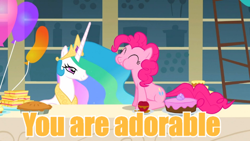 Size: 640x360 | Tagged: safe, screencap, pinkie pie, princess celestia, alicorn, earth pony, pony, cute, image macro, meme, yellow text