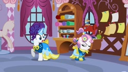 Size: 1280x720 | Tagged: safe, screencap, rarity, sweetie belle, pony, unicorn, sisterhooves social, clothes, faic