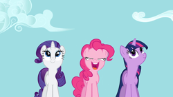 Size: 1280x720 | Tagged: safe, derpibooru import, screencap, pinkie pie, rarity, twilight sparkle, earth pony, pony, unicorn, read it and weep, cloud, faic, female, mare, sky