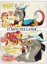 Size: 2880x3900 | Tagged: safe, artist:firimil, discord, sunset shimmer, pony, unicorn, comic, simple background, text, that escalated quickly