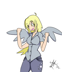 Size: 825x950 | Tagged: safe, artist:yoichi-hayabusa, derpy hooves, human, blushing, humanized, open mouth, simple background, smiling, solo, spread wings, white background, winged humanization, wings