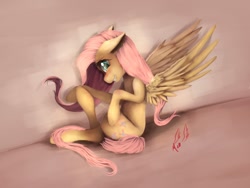 Size: 1200x900 | Tagged: safe, artist:miokomata, fluttershy, pegasus, pony, blushing, fangs, floppy ears, looking at you, pose, sitting, smiling, solo, spread wings