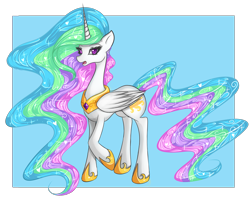 Size: 4797x3835 | Tagged: safe, artist:fluffymaiden, princess celestia, alicorn, pony, female, horn, looking at you, mare, multicolored mane, solo, white coat