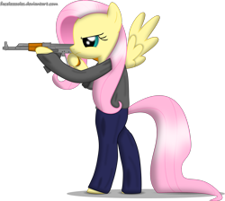 Size: 2687x2408 | Tagged: safe, artist:facelesssoles, fluttershy, pegasus, pony, ak, ak-47, assault rifle, bipedal, gun, rifle, solo, weapon