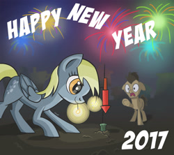 Size: 2699x2400 | Tagged: safe, artist:helmie-art, derpy hooves, doctor whooves, pegasus, pony, 2017, female, fireworks, happy new year, happy new year 2017, mare, this will end in tears