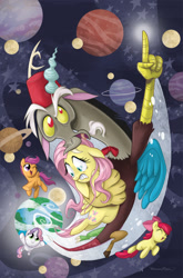 Size: 787x1194 | Tagged: safe, artist:brendahickey, idw, apple bloom, discord, fluttershy, scootaloo, sweetie belle, pegasus, pony, bowtie, cover, cutie mark crusaders, doctor who, eleventh doctor, fez, hat, idw advertisement, peter pan