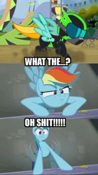 Size: 562x1003 | Tagged: safe, derpibooru import, edit, edited screencap, screencap, lightning dust, rainbow dash, pegasus, pony, rarity investigates, the washouts (episode), clothes, comic, female, helmet, mare, oh shit, screencap comic, shocked, uniform, vulgar, washouts uniform