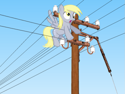 Size: 665x500 | Tagged: safe, derpy hooves, pegasus, pony, electricity, female, funny, i just don't know what went wrong, imminent darwin award, imminent electrocution, mare, solo, telephone lines, telephone pole, this will end in tears and/or death, too dumb to live