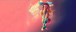 Size: 3873x1634 | Tagged: safe, artist:sugarlesspaints, edit, fluttershy, pegasus, pony, semi-anthro, blushing, bunny ears, clothes, colored pupils, colored wings, colored wingtips, costume, cute, dangerous mission outfit, female, flying, hoodie, mare, shyabetes, smiling, socks, solo, striped socks, sunset, wallpaper, wallpaper edit