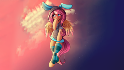 Size: 2905x1634 | Tagged: safe, artist:sugarlesspaints, edit, fluttershy, pegasus, pony, semi-anthro, blushing, bunny ears, clothes, colored pupils, colored wings, colored wingtips, costume, cute, dangerous mission outfit, female, flying, hoodie, mare, shyabetes, smiling, socks, solo, striped socks, sunset, wallpaper, wallpaper edit