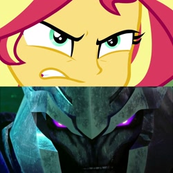 Size: 2560x2560 | Tagged: safe, artist:optimussparkle, sunset shimmer, better together, equestria girls, forgotten friendship, angry, clash of hasbro's titans, comparison, megatron, purple eyes, transformers, transformers prime