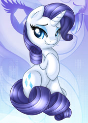 Size: 857x1200 | Tagged: safe, artist:ikuvaito, rarity, pony, unicorn, cute, female, looking at you, mare, raised hoof, raribetes, sitting, smiling, solo, zoom layer