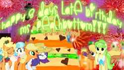 Size: 640x360 | Tagged: safe, artist:jeatz-axl, artist:notsofrequentuser, artist:thatguy1945, edit, applejack, chickadee, coco pommel, ms. harshwhinny, ms. peachbottom, earth pony, pony, applejewel, birthday, cake, cookie, crane, fireworks, happy birthday, heart, mustangia, peach, rarihick, vectorstock