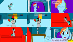 Size: 3648x2112 | Tagged: safe, artist:mellowbomb, derpibooru import, rainbow dash, oc, oc:closingrain, pegasus, pony, comic:calamity fateful, 1000 hours in ms paint, dialogue