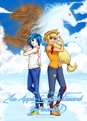 Size: 645x900 | Tagged: safe, artist:kare-valgon, applejack, dj pon-3, vinyl scratch, human, converse, fanfic art, fanfic cover, humanized, light skin