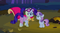 Size: 720x405 | Tagged: safe, screencap, rarity, sweetie belle, pony, unicorn, sleepless in ponyville, animated, camping outfit, clothes, comforting, cute, sisterly love, sisters