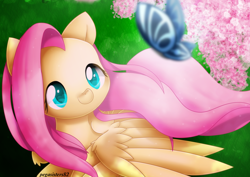 Size: 800x566 | Tagged: safe, artist:pegasisters82, fluttershy, butterfly, pegasus, pony, female, mare, solo