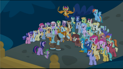Size: 1573x894 | Tagged: safe, derpibooru import, screencap, amber grain, applejack, auburn vision, berry blend, berry bliss, berry sweet, bifröst, citrine spark, clever musings, dawnlighter, end zone, fire flicker, fire quacker, fluttershy, fuchsia frost, gallus, golden crust, goldy wings, huckleberry, lilac swoop, loganberry, midnight snack (character), night view, november rain, ocarina green, ocellus, peppermint goldylinks, pinkie pie, rainbow dash, rarity, rockhoof, sandbar, silverstream, slate sentiments, smolder, spike, strawberry scoop, sugar maple, summer breeze, summer meadow, tune-up, twilight sparkle, twilight sparkle (alicorn), violet twirl, yona, alicorn, changedling, changeling, classical hippogriff, dragon, earth pony, griffon, hippogriff, pegasus, pony, unicorn, yak, a rockhoof and a hard place, background pony, background pony audience, beard, bow, cloven hooves, dragoness, facial hair, female, flying, friendship student, hair bow, hair bun, jewelry, male, mane six, mare, monkey swings, moustache, necklace, peppe ronnie, rockhoof's shovel, stallion, student six, teenager, winged spike