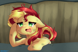 Size: 3000x2000 | Tagged: safe, artist:nekowyn, sunset shimmer, pony, unicorn, equestria girls, equestria girls (movie), colored pupils, crater, crying, equestria girls ponified, female, mare, messy mane, ponified, sad, scene interpretation, solo, sunsad shimmer