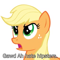 Size: 800x800 | Tagged: safe, edit, applejack, earth pony, pony, disappointed, frown, frustrated, hipster, image macro, meme, solo, text edit