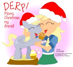 Size: 1454x1337 | Tagged: safe, artist:newportmuse, derpy hooves, equestria girls, christmas, cupcake, cute, food, hat, hug, human ponidox, muffin, santa hat, self ponidox, signature