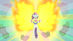 Size: 640x360 | Tagged: safe, screencap, rarity, pony, unicorn, sonic rainboom (episode), burning, butterfly wings, fire, solo