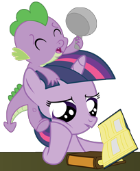 Size: 2914x3579 | Tagged: safe, artist:axemgr, derpibooru import, spike, twilight sparkle, dragon, baby, baby dragon, baby spike, book, dinosaurs (tv show), filly, filly twilight sparkle, mama twilight, not the mama, not the momma, pan, reference, simple background, transparent background, vector, younger