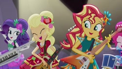 Size: 1280x720 | Tagged: safe, applejack, pinkie pie, rarity, sunset shimmer, equestria girls, legend of everfree, drums, guitar, legend you were meant to be, singing