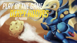 Size: 1024x576 | Tagged: safe, artist:eddywardster, derpy hooves, anthro, armor, crossover, epic derpy, eyes on the prize, flying, food, muffin, open mouth, overwatch, pharah, play of the game, smiling, solo