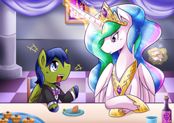 Size: 2000x1412 | Tagged: safe, artist:vavacung, princess celestia, principal celestia, oc, oc:rally flag, alicorn, pegasus, pony, bowtie, canon x oc, clothes, cupcake, female, food, levitation, magic, male, rallylestia, shipping, smiling, straight, suit, teacup, telekinesis, tuxedo