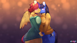 Size: 3110x1750 | Tagged: safe, artist:dragk, oc, oc only, oc:berry slice, oc:mint petal, anthro, pegasus, unicorn, big breasts, blushing, boob squish, bottomless, breasts, clothes, cutie mark, female, glasses, grabbing, holding hands, kissing, lesbian, oc x oc, partial nudity, shipping, sweater, symmetrical docking, wallpaper, wings