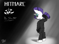 Size: 1024x768 | Tagged: safe, artist:sanyo2100, rarity, pony, unicorn, barcode, bipedal, clothes, crossover, hitman, suit, video game