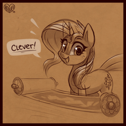 Size: 800x799 | Tagged: safe, artist:meekcheep, sunset shimmer, pony, unicorn, better together, equestria girls, forgotten friendship, cute, female, looking at you, mare, monochrome, scroll, sepia, shimmerbetes, sketch, solo