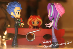 Size: 6000x4000 | Tagged: safe, artist:artofmagicpoland, flash sentry, starlight glimmer, sunset shimmer, equestria girls, christmas, christmas tree, doll, equestria girls minis, eqventures of the minis, female, holiday, implied flashlight, implied shipping, implied straight, implied twilight sparkle, male, straight, toy, tree