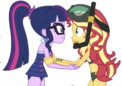 Size: 1253x881 | Tagged: safe, edit, edited screencap, editor:php77, screencap, sci-twi, sunset shimmer, twilight sparkle, better together, equestria girls, unsolved selfie mysteries, background removed, clothes, duo, female, simple background, swimsuit, transparent background