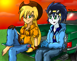 Size: 2148x1700 | Tagged: safe, artist:meganekkoplymouth241, applejack, soarin', human, barefoot, car, feet, female, hat, humanized, male, pony coloring, soarinjack, straight, truck