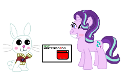 Size: 508x322 | Tagged: safe, artist:drypony198, angel bunny, starlight glimmer, pony, unicorn, 3ds, blushing, box, clothes, female, interspecies, kite, male, shipping, starbunny, straight, sweater