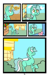 Size: 6742x10342 | Tagged: safe, artist:provolonepone, derpy hooves, lyra heartstrings, roseluck, pony, unicorn, comic:lyra's verse, absurd resolution, bits, chocolate, comic, flower, food, happy, magic, market, my little pony, ponyville, smiling