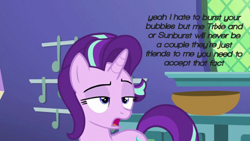 Size: 720x405 | Tagged: safe, edit, edited screencap, screencap, starlight glimmer, pony, unicorn, comments locked on derpi, cropped, female, graveyard of comments, implied sunburst, implied trixie, mare, mouthpiece, my little pony, open mouth, shipping denied, solo, taken, text, text edit