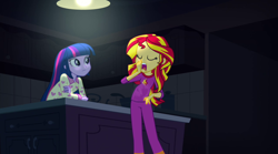 Size: 1280x714 | Tagged: safe, edit, edited screencap, screencap, sunset shimmer, twilight sparkle, comic:a new change, equestria girls, rainbow rocks, clothes, pajamas, pregnant, pregnant edit, teen pregnancy, yawn