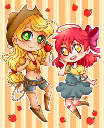 Size: 590x727 | Tagged: safe, artist:cysco-inu, apple bloom, applejack, human, apple, belly button, chibi, clothes, denim, denim dress, dress, front knot midriff, humanized, light skin, midriff