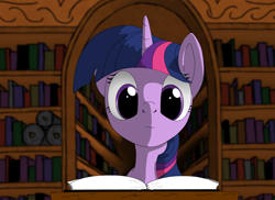 Size: 1138x827 | Tagged: safe, artist:hydrusbeta, derpibooru import, twilight sparkle, book, library, reading, solo